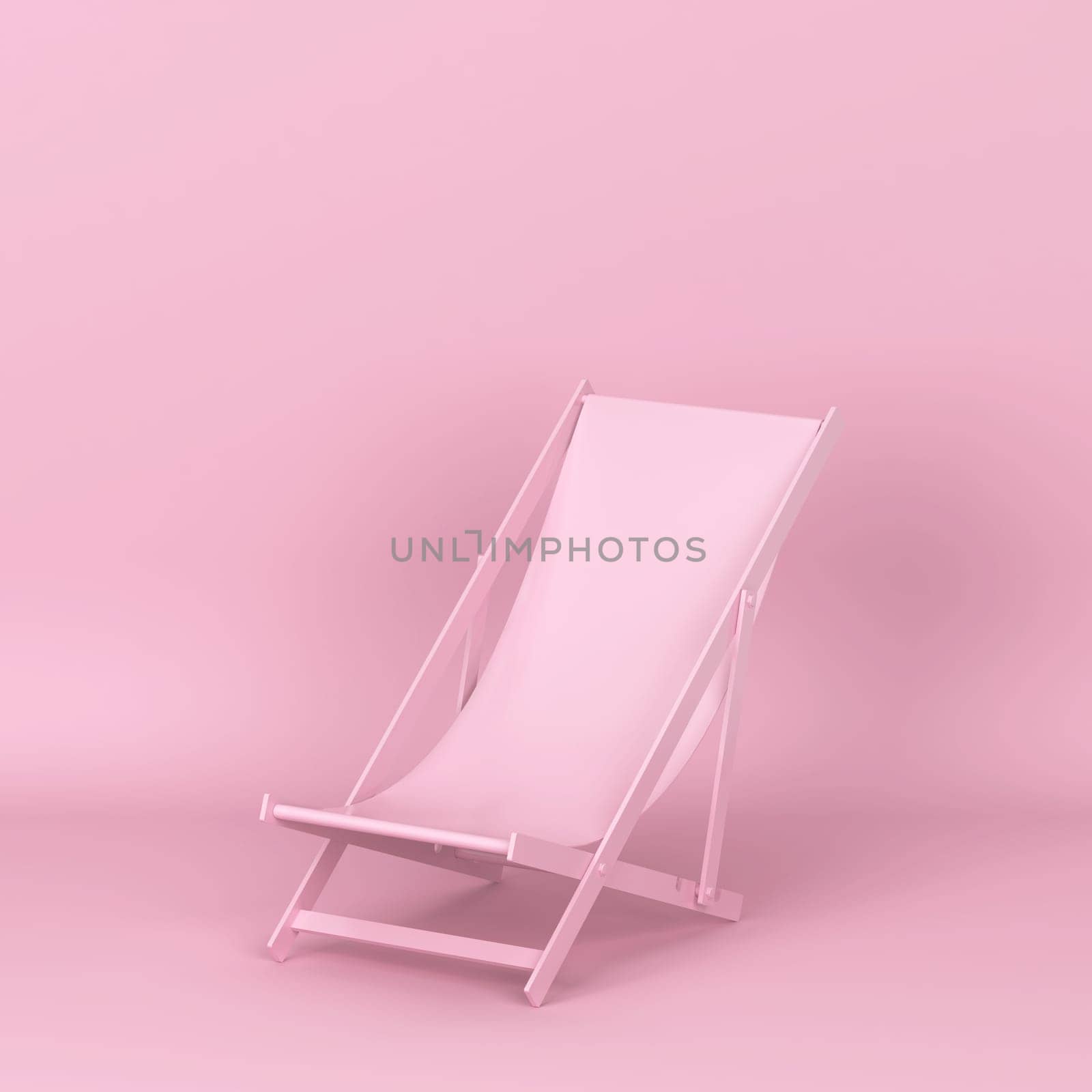 Single deckchair for relaxation on a beach. 3d illustration on pink background
