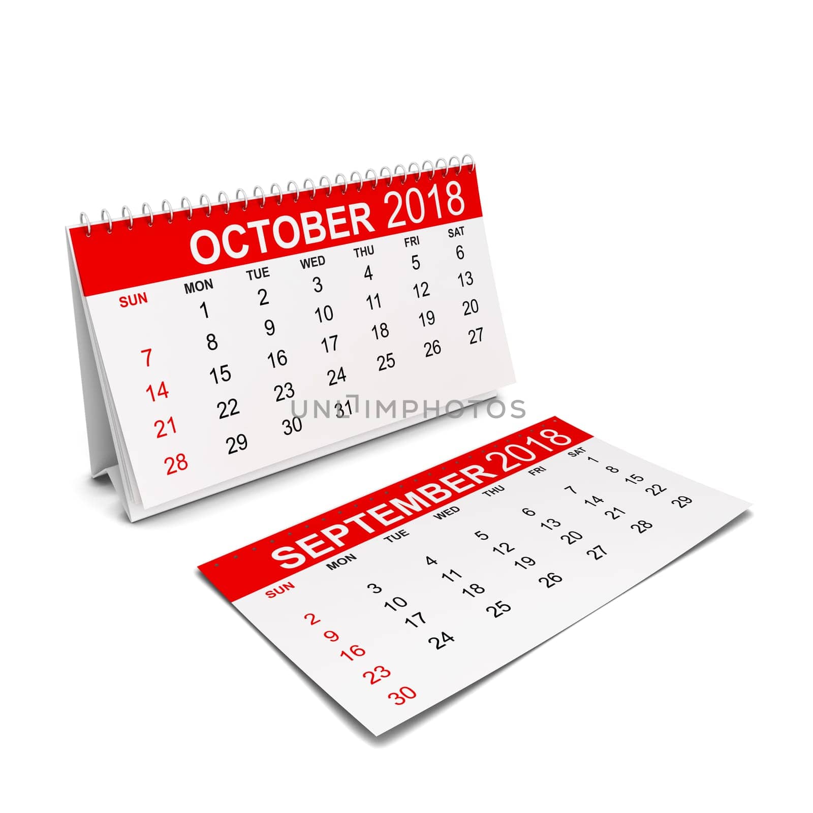 2018 year calendar. Week starts with sunday. 3d illustration isolated on white background