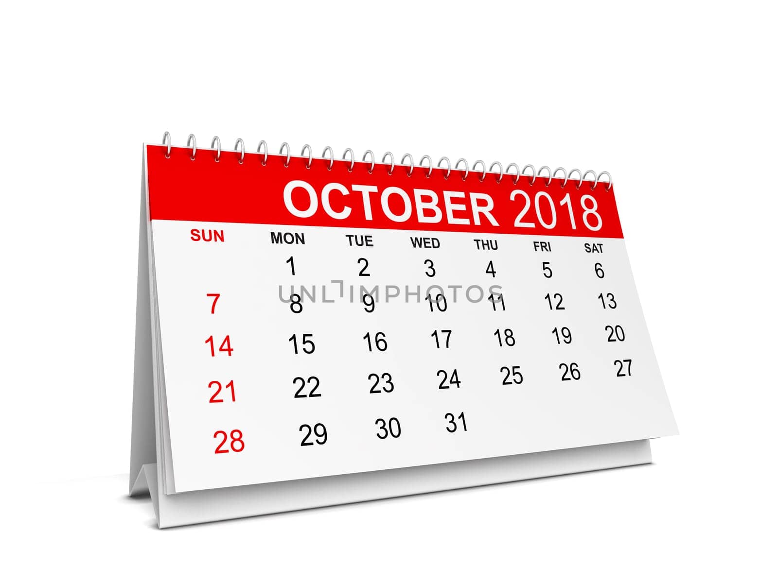 2018 year calendar. Week starts with sunday. 3d illustration isolated on white background