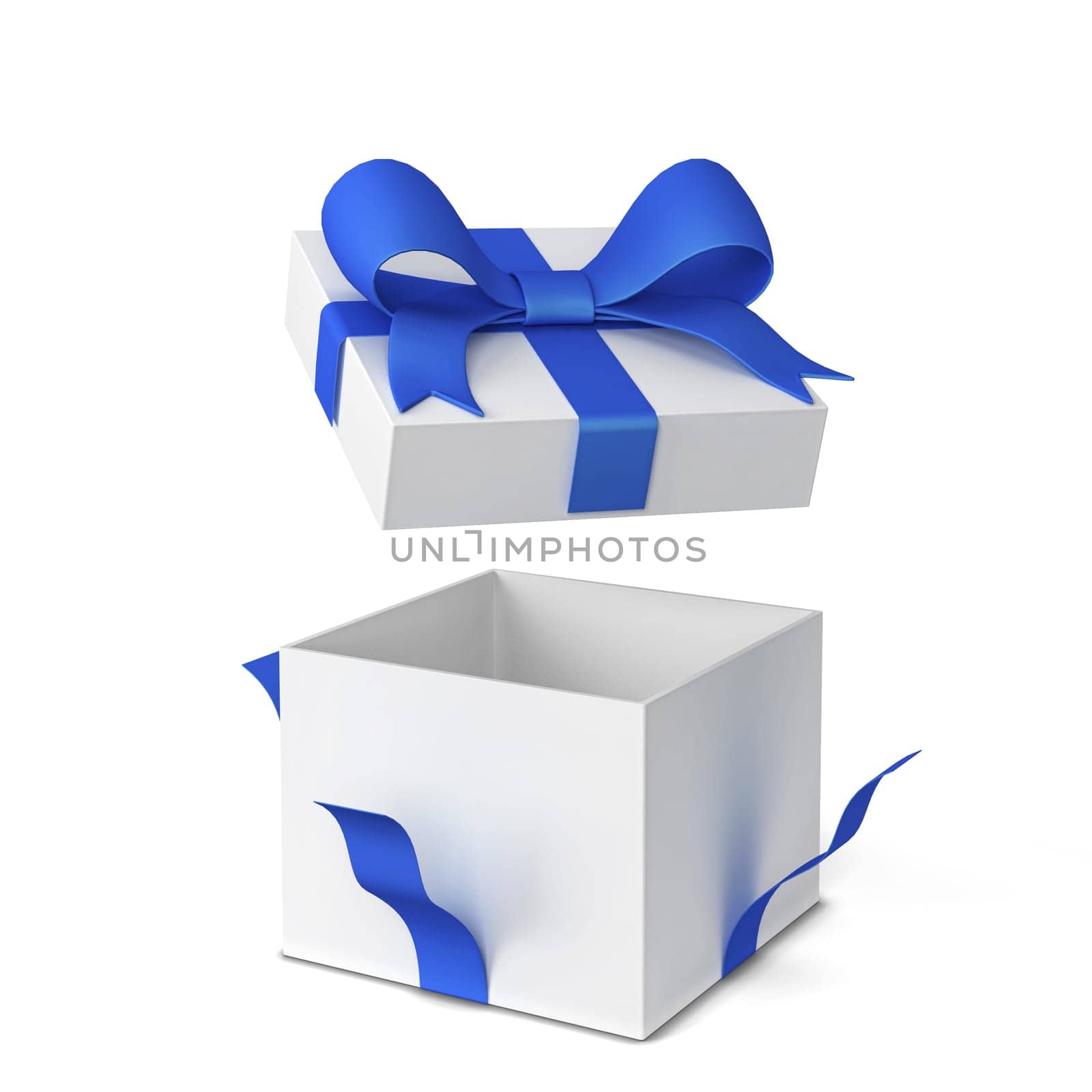 Opened gift box with colourful bow and ribbon. 3d illustration isolated on white background