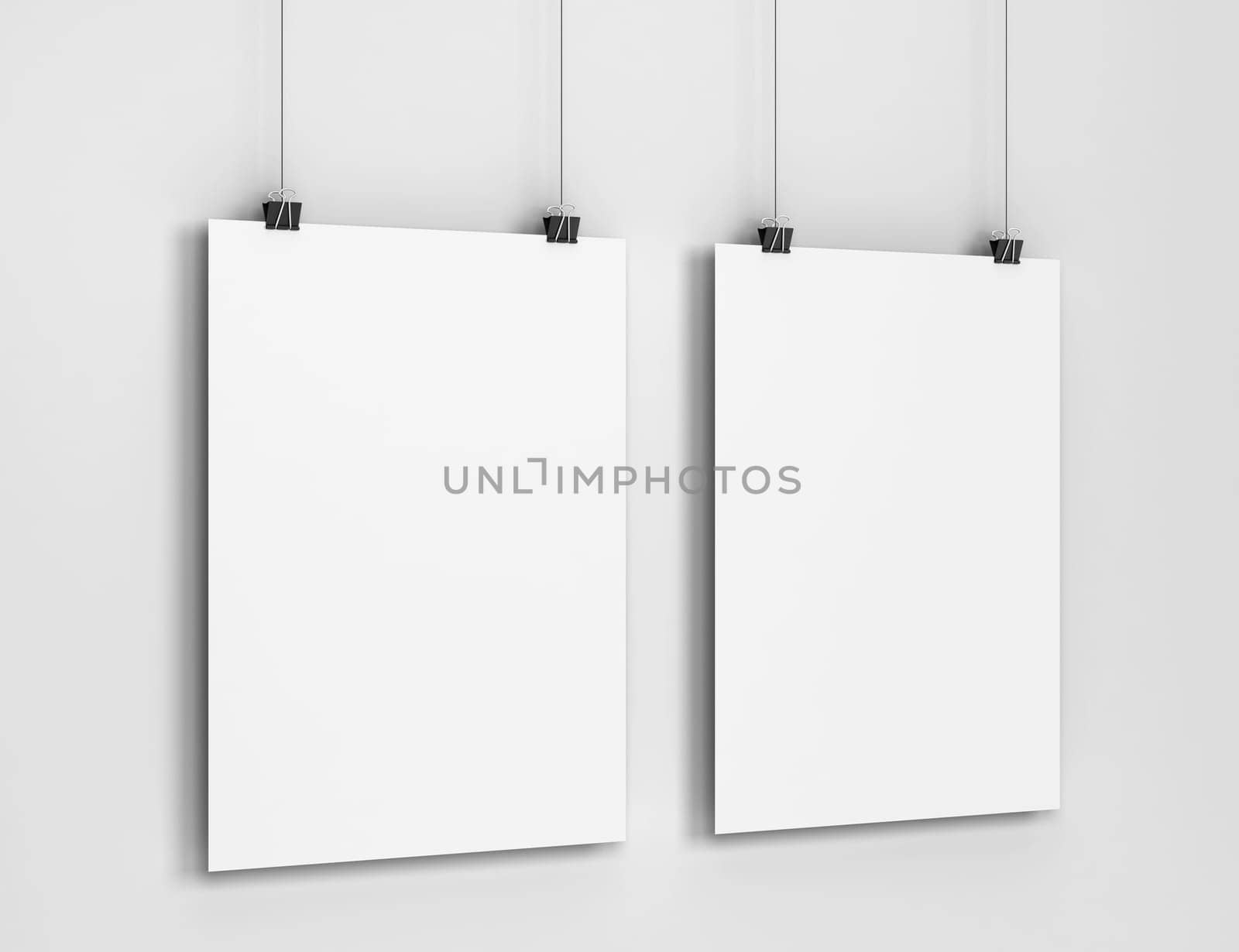Blank poster hanging on a wall mockup. 3d illustration on gray background