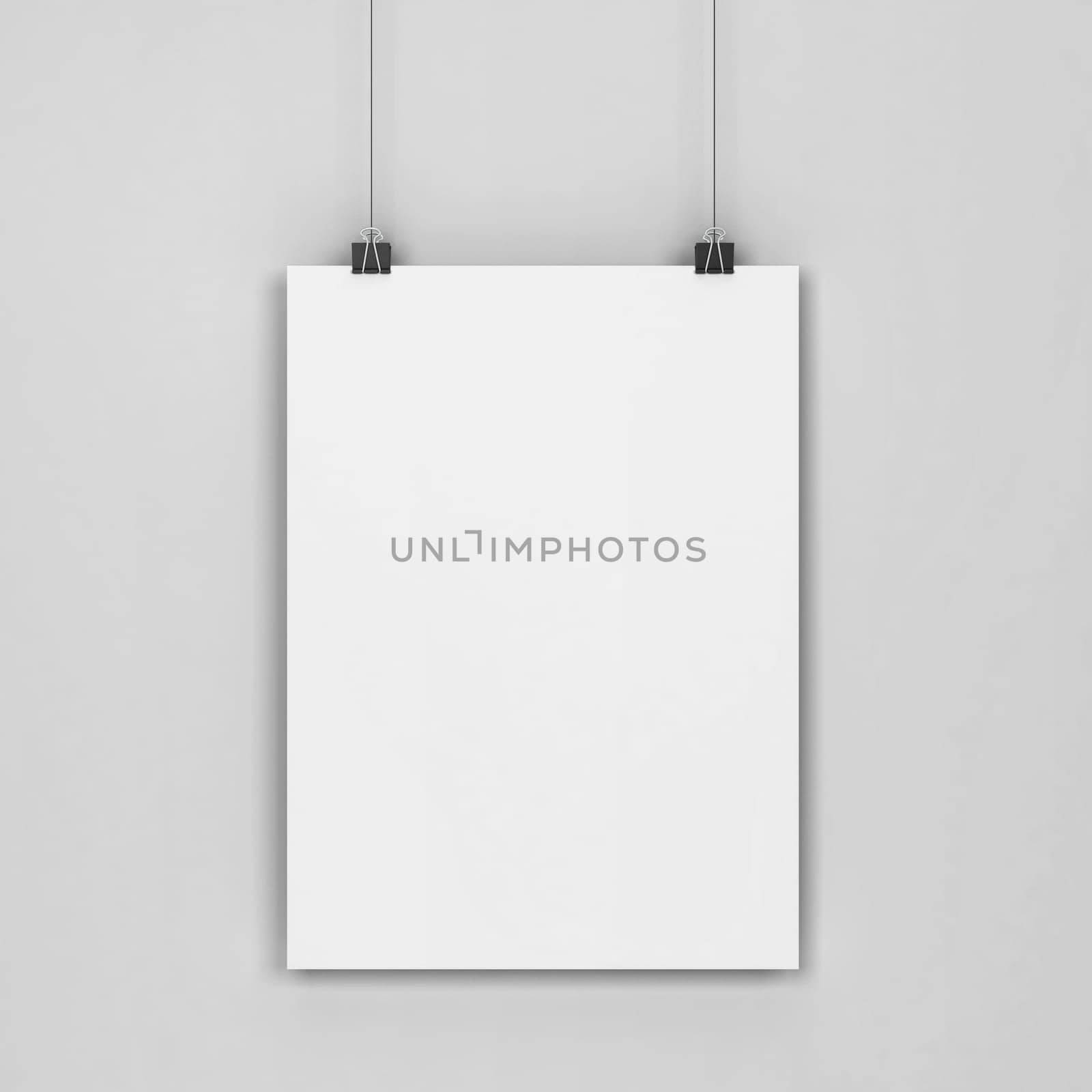 Blank poster hanging on a wall mockup. 3d illustration on gray background