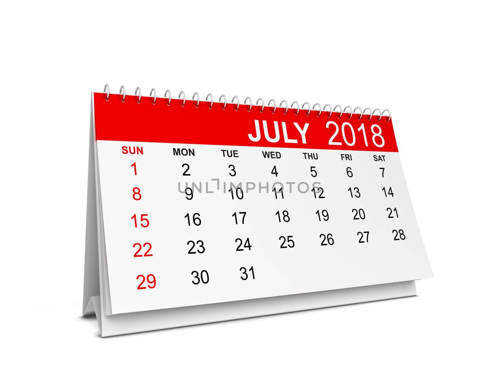2018 year calendar. Week starts with sunday. 3d illustration isolated on white background