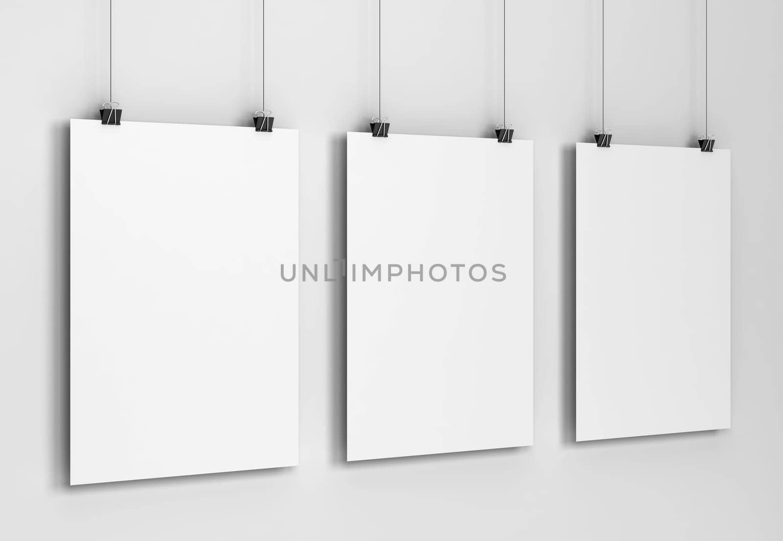 Blank poster hanging on a wall mockup. 3d illustration on gray background