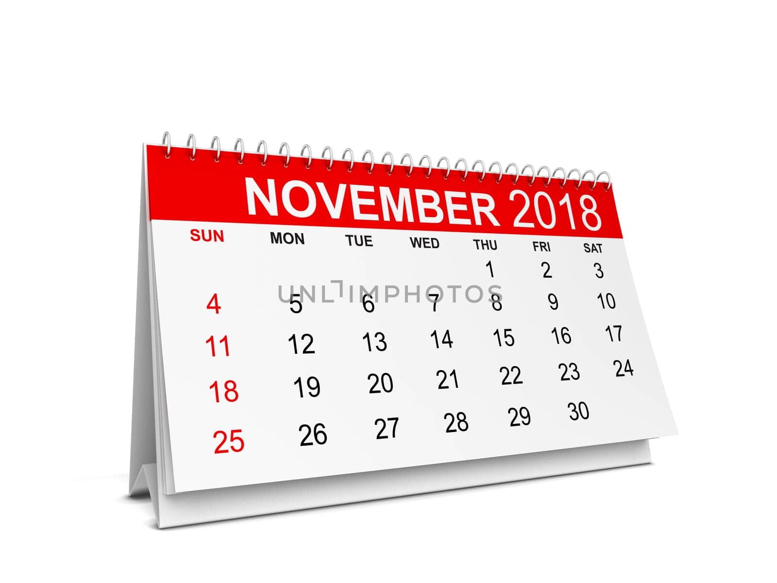 2018 year calendar. Week starts with sunday. 3d illustration isolated on white background