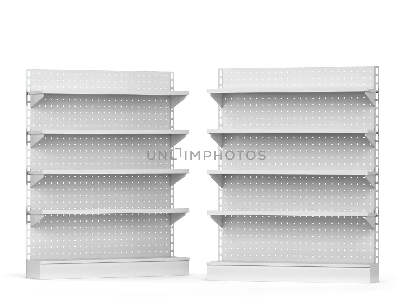 Empty market shelves mockup. 3d illustration isolated on white background