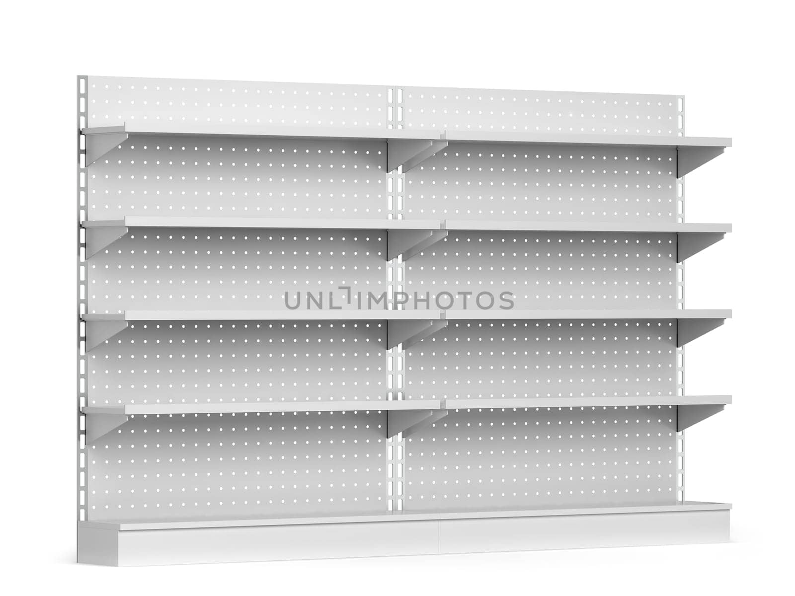 Empty market shelves mockup. 3d illustration isolated on white background
