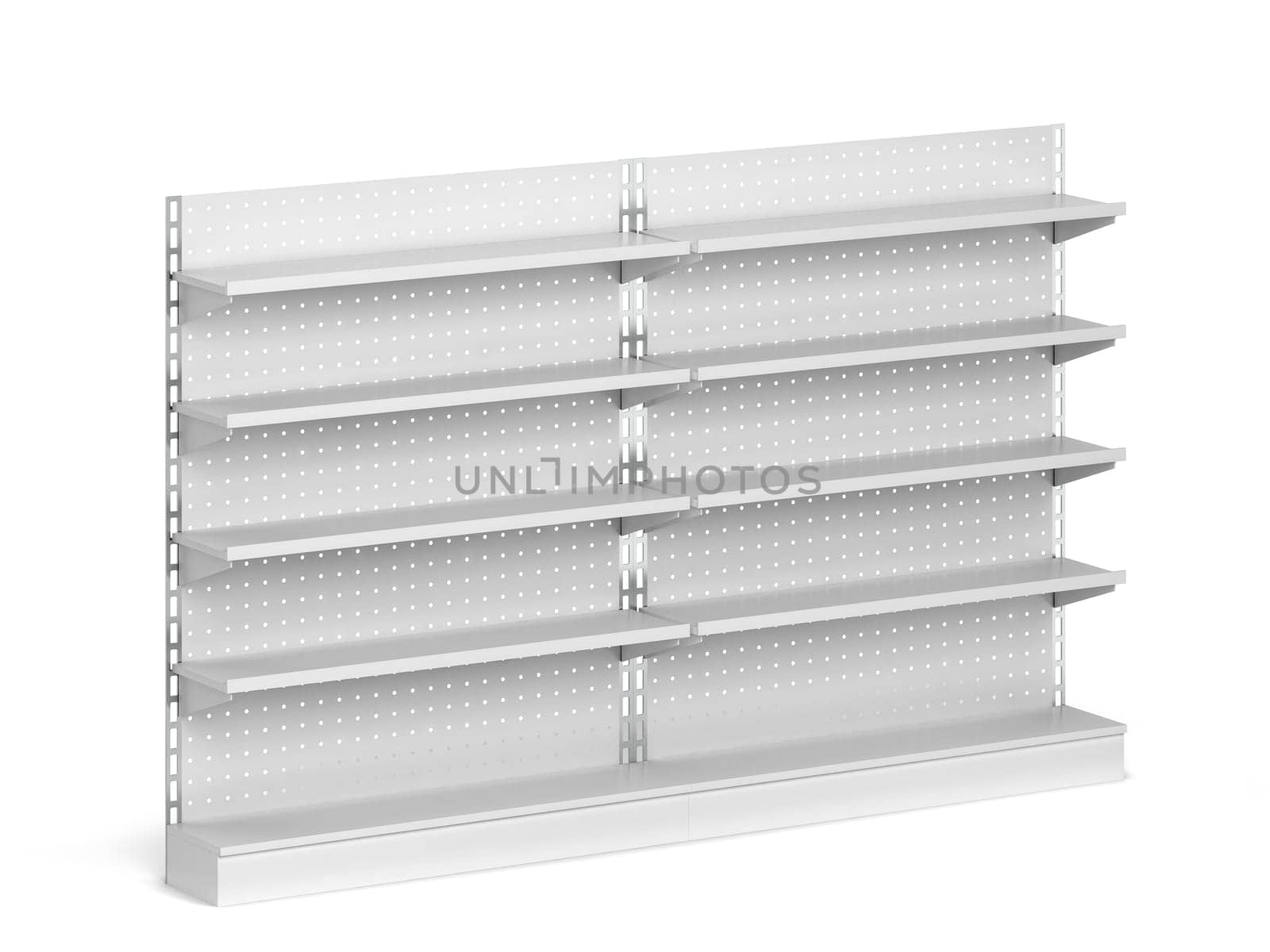 Empty market shelves mockup. 3d illustration isolated on white background