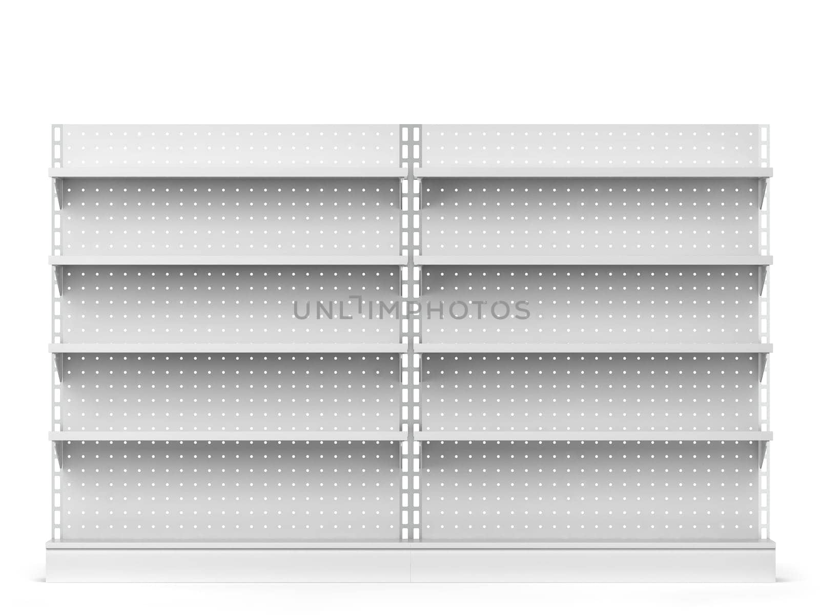 Empty market shelves mockup. 3d illustration isolated on white background