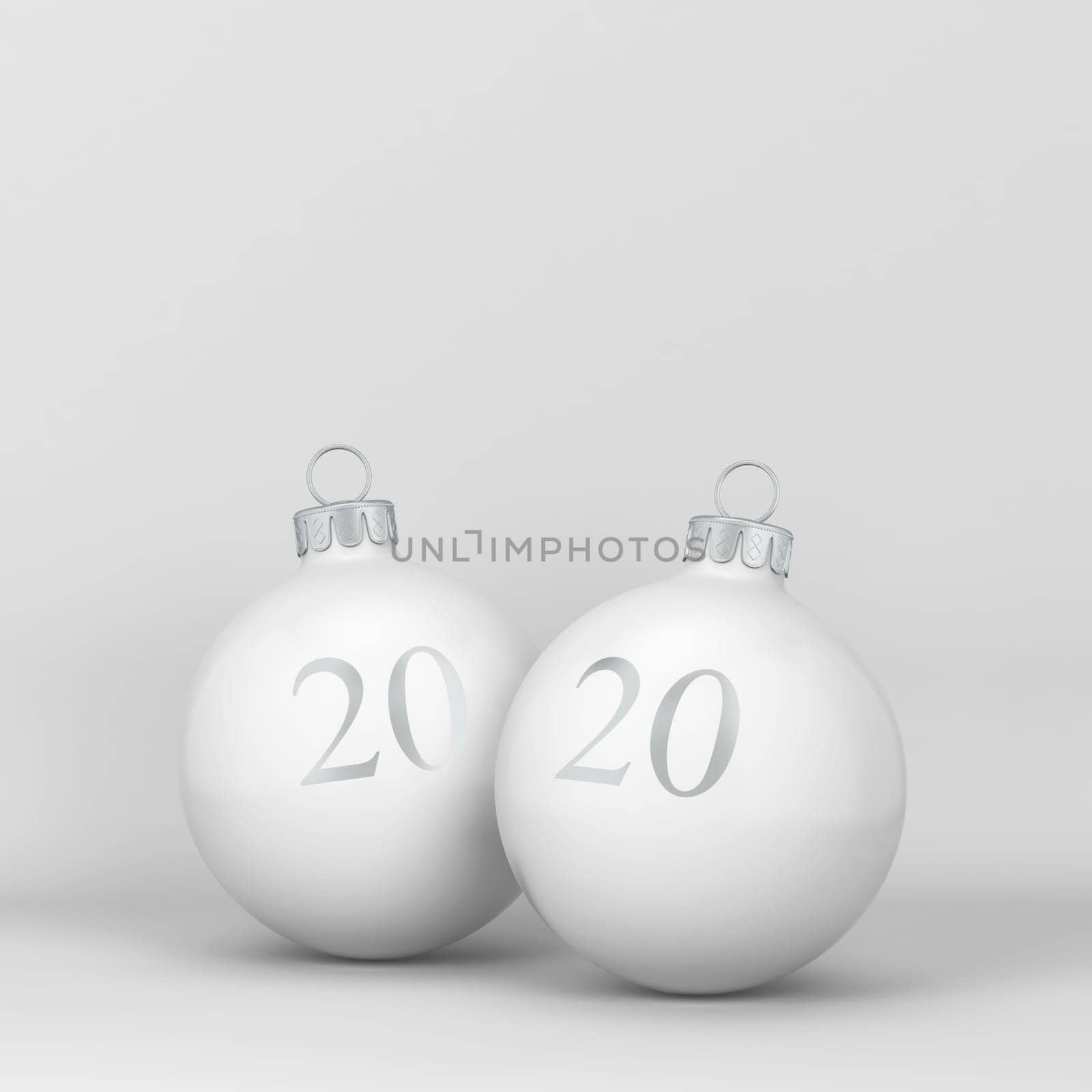Two christmas balls with sign 2020 on them. New year concept. 3d illustration