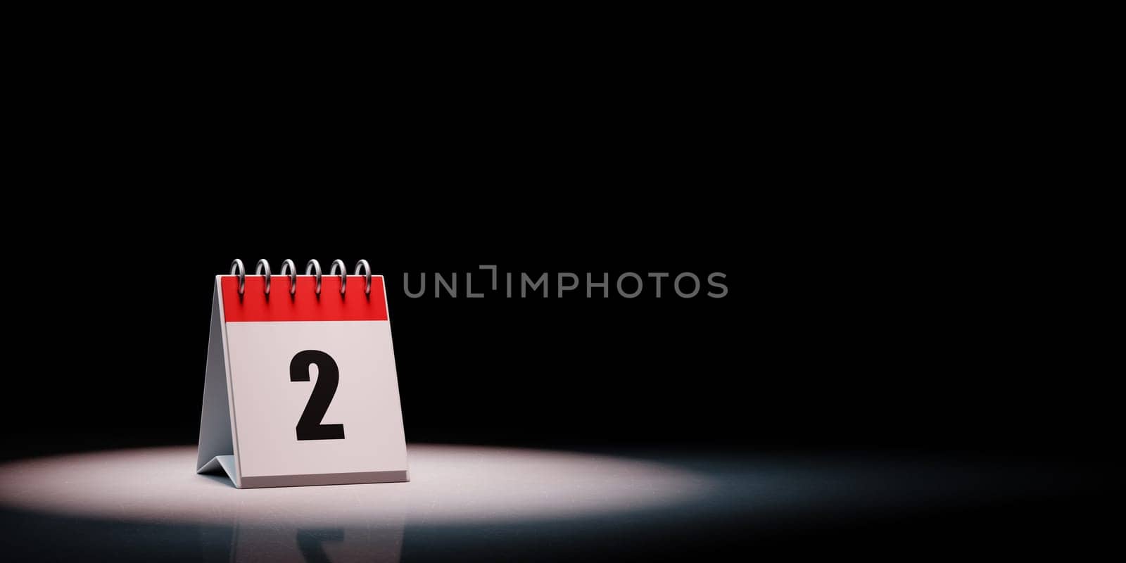 Red and White Single Day Desk Calendar Spotlighted on Black Background with Copy Space 3D Illustration, Day 2 of the Month