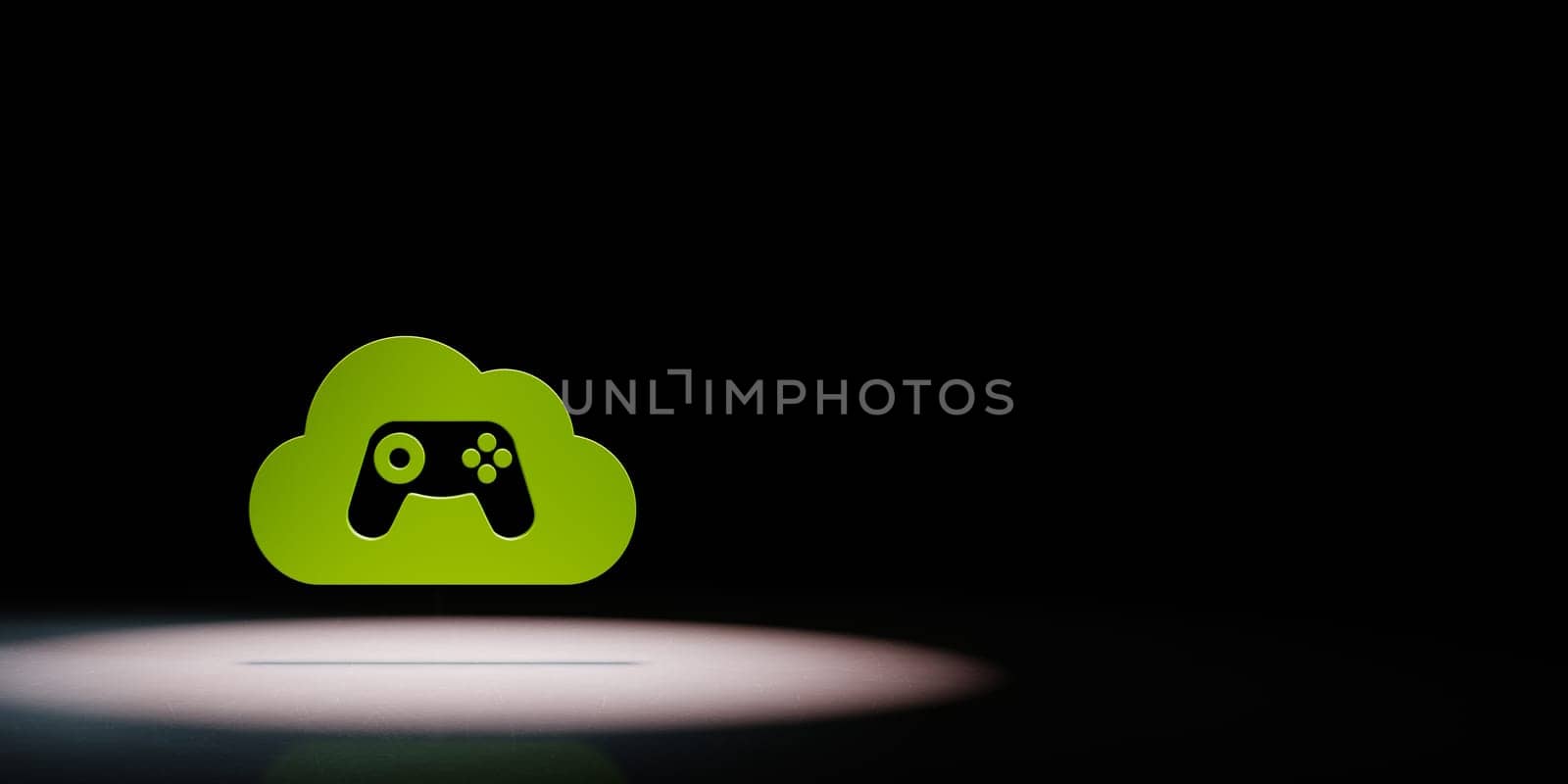 Green 3D Cloud Symbol Shape with a Gamepad Controller Inside Spotlighted on Black Background with Copy Space 3D Illustration