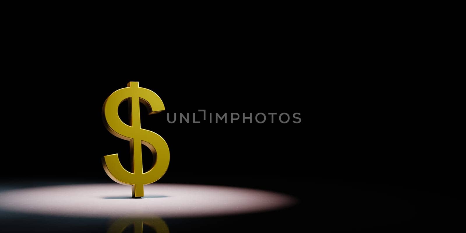 Golden Dollar Symbol Shape Spotlighted on Black Background with Copy Space 3D Illustration