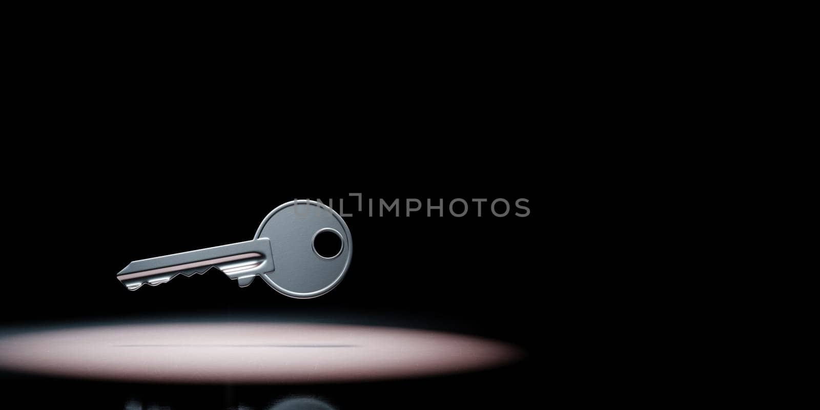 Metal Key Spotlighted on Black Background with Copy Space 3D Illustration