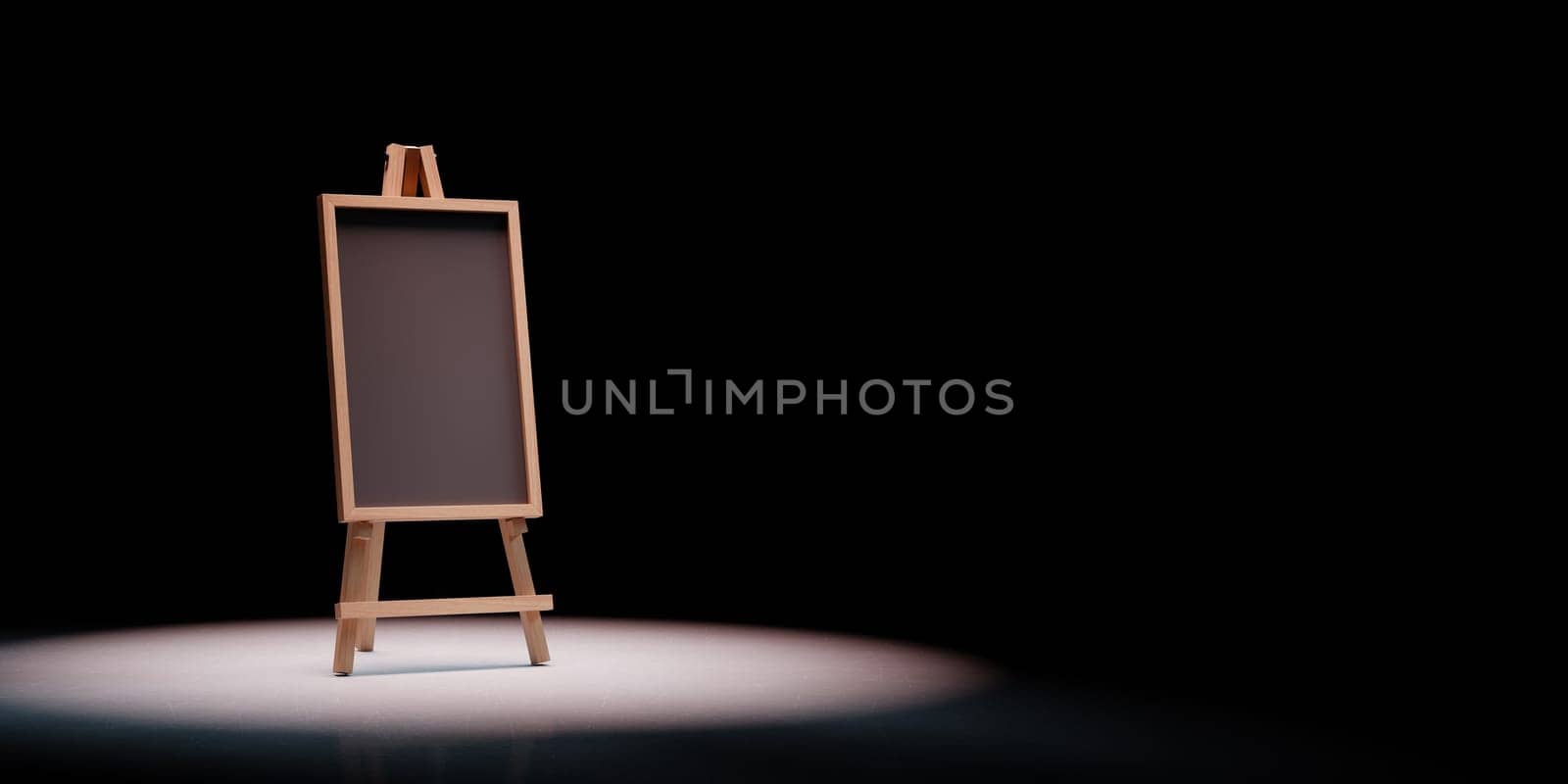 Blank Blackboard on Wooden Easel Spotlighted on Black Background with Copy Space 3D Illustration