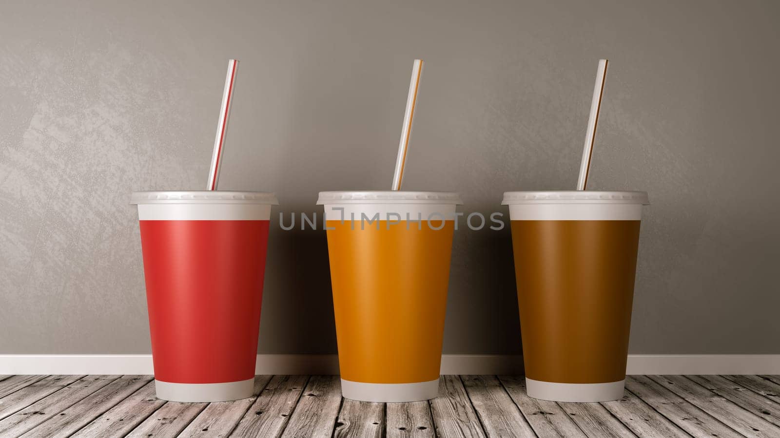 Fast Food Drinking Cups with Straw on Wooden Floor Against Gray Wall 3D Illustration