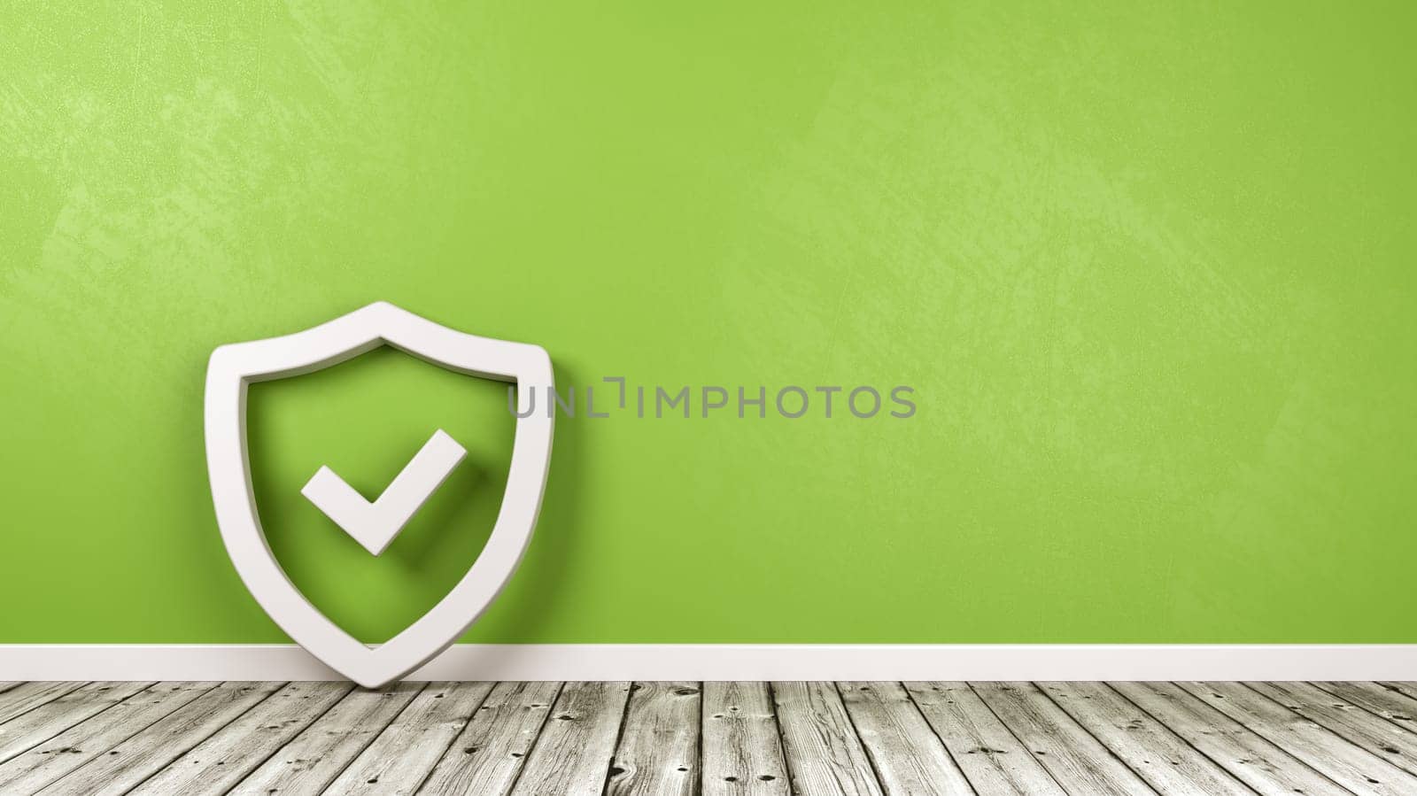 White Shield 3D Symbol Shape with Tick Symbol on Wooden Floor Against Green Wall with Copy Space 3D Illustration