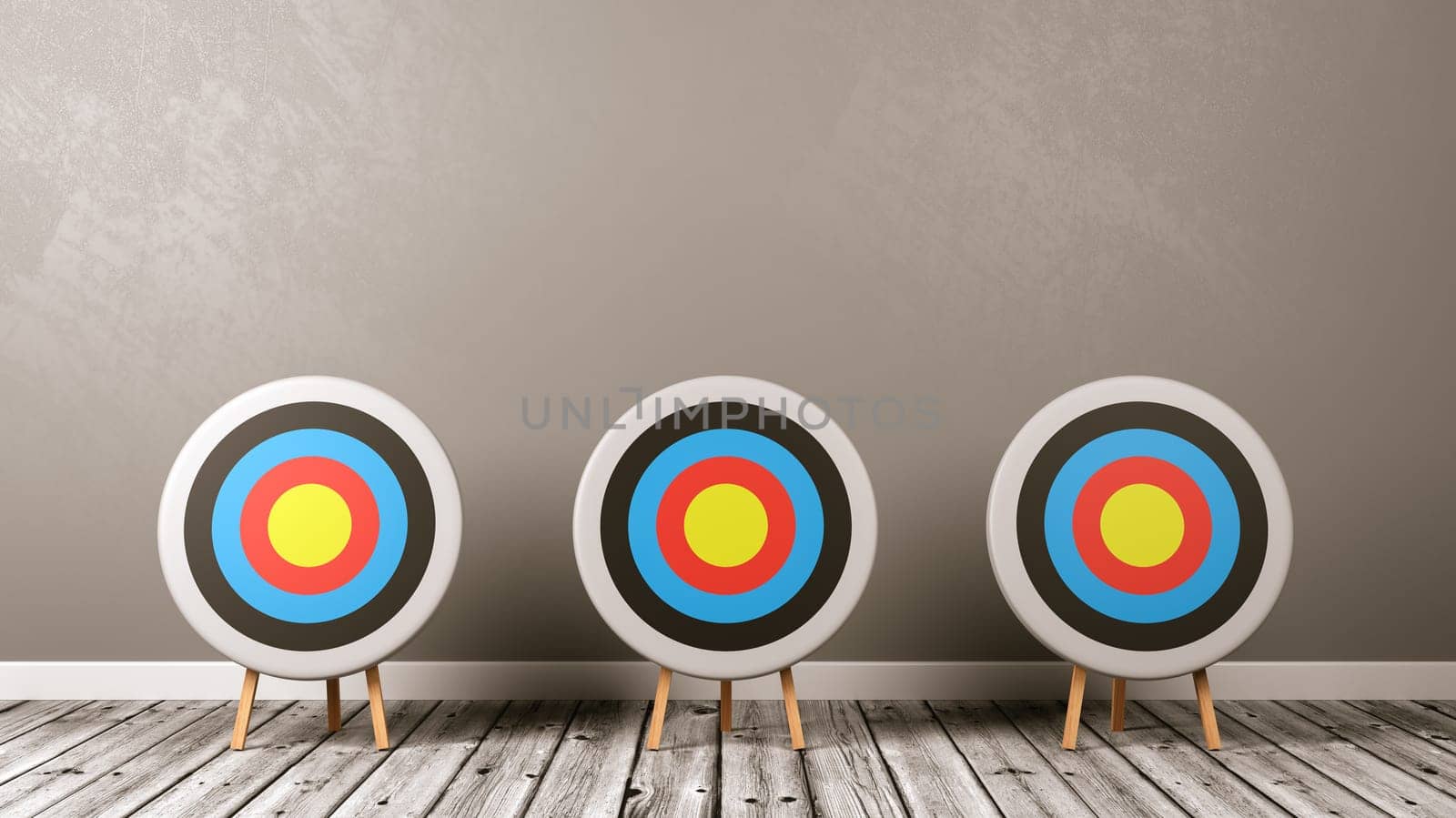 Three Colorful Arrow Targets on Wooden Floor in a Gray Wall Room with Copy Space 3D Illustration