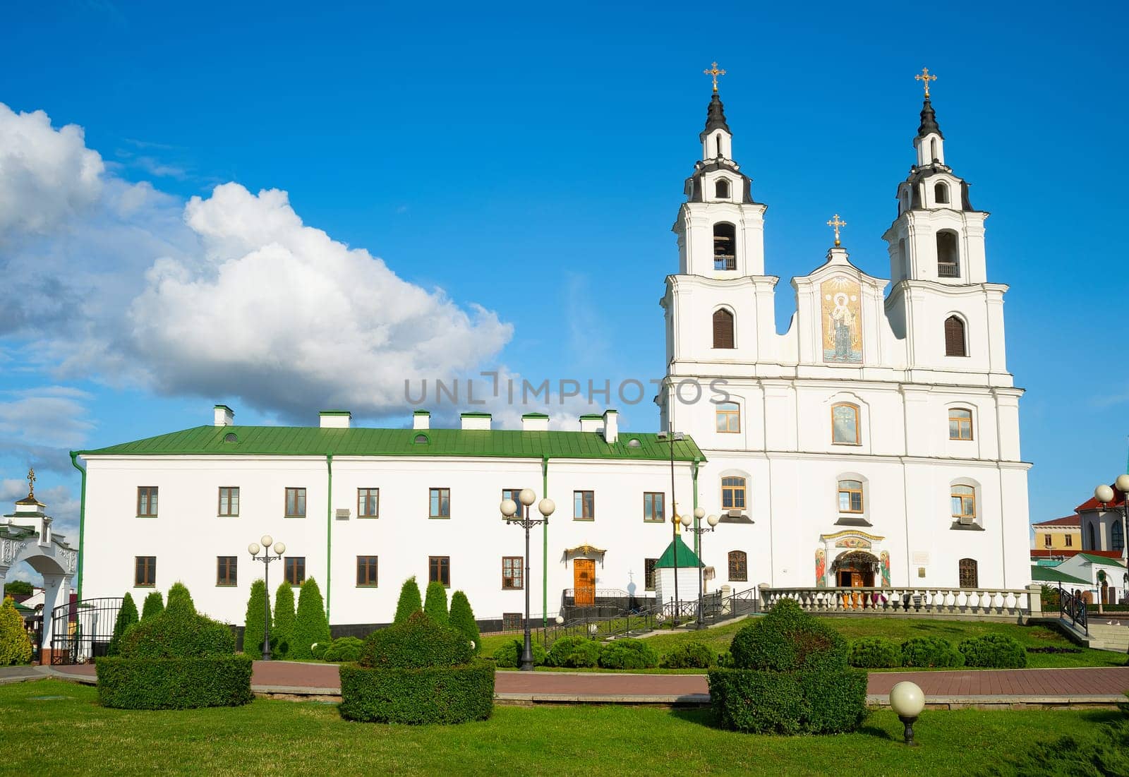 Holy Spirit Cathedral in oldtown of Minsk, sunny daytime, sky with clouds, Belarus
