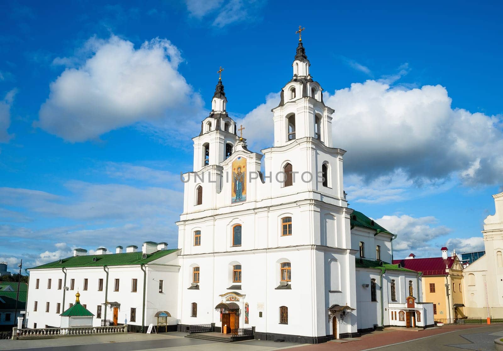 Holy Spirit Cathedral skyward view with clouds, Minsk, Belarus