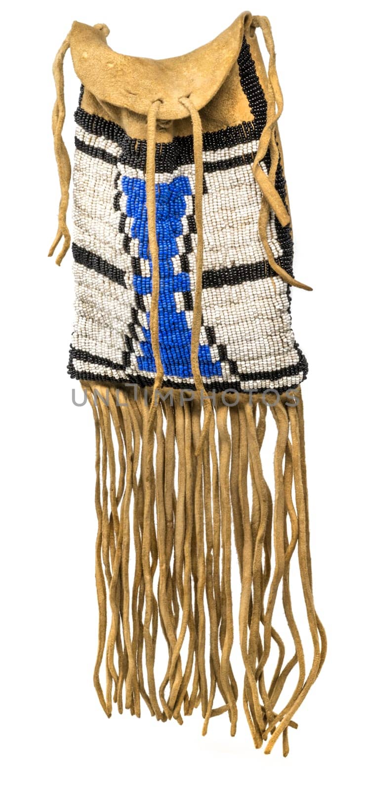 Bag of the North American Indians. Made from deerskin embroidered with colorful glass beads and leather cords isolated on white