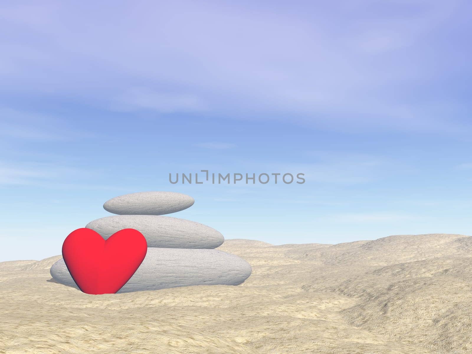 Love feeling at the beach with red heart shape and balance stones - 3D render