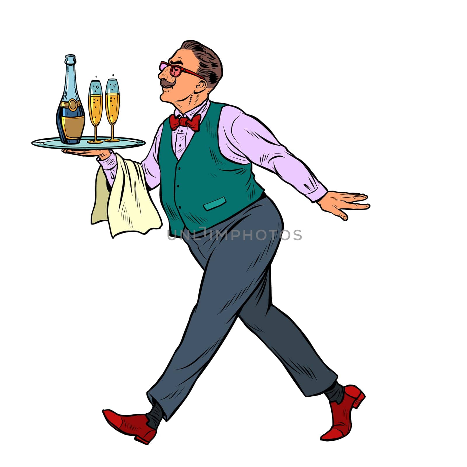 Waiter with a cap tray with glasses. Pop art retro vector illustration vintage kitsch 50s 60s