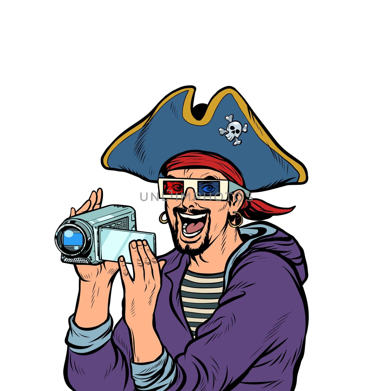 pirate shoots and watches adventure movies. Pop art retro vector illustration kitsch vintage 50s 60s