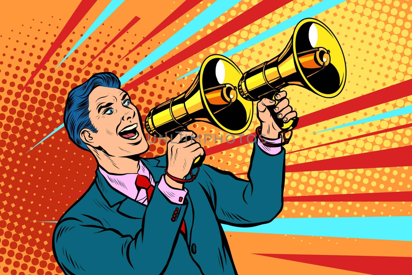 businessman with a megaphone. announcement advertising. Pop art retro vector illustration kitsch vintage drawing