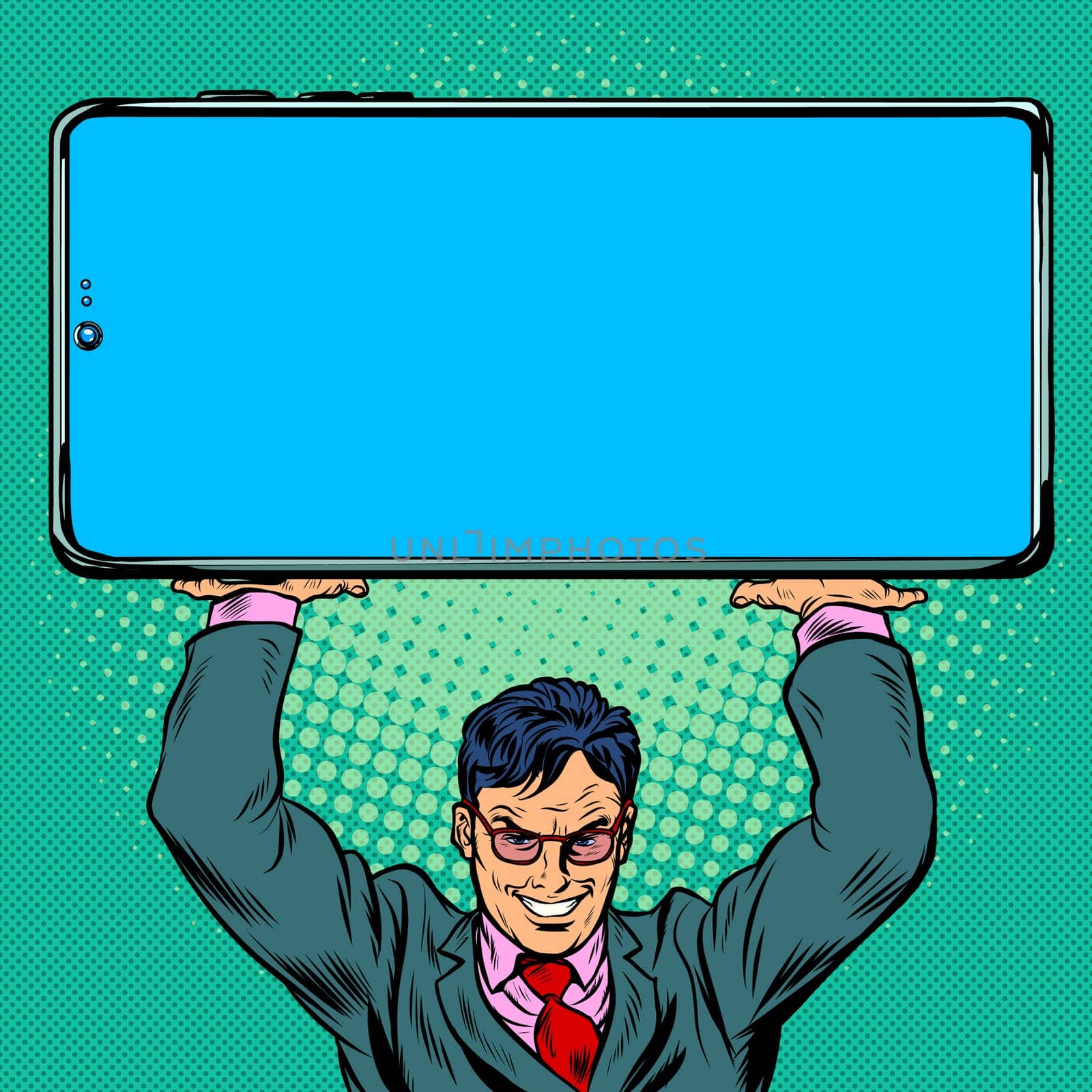 Businessman holds a large smartphone. Pop art retro vector illustration vintage kitsch 50s 60s