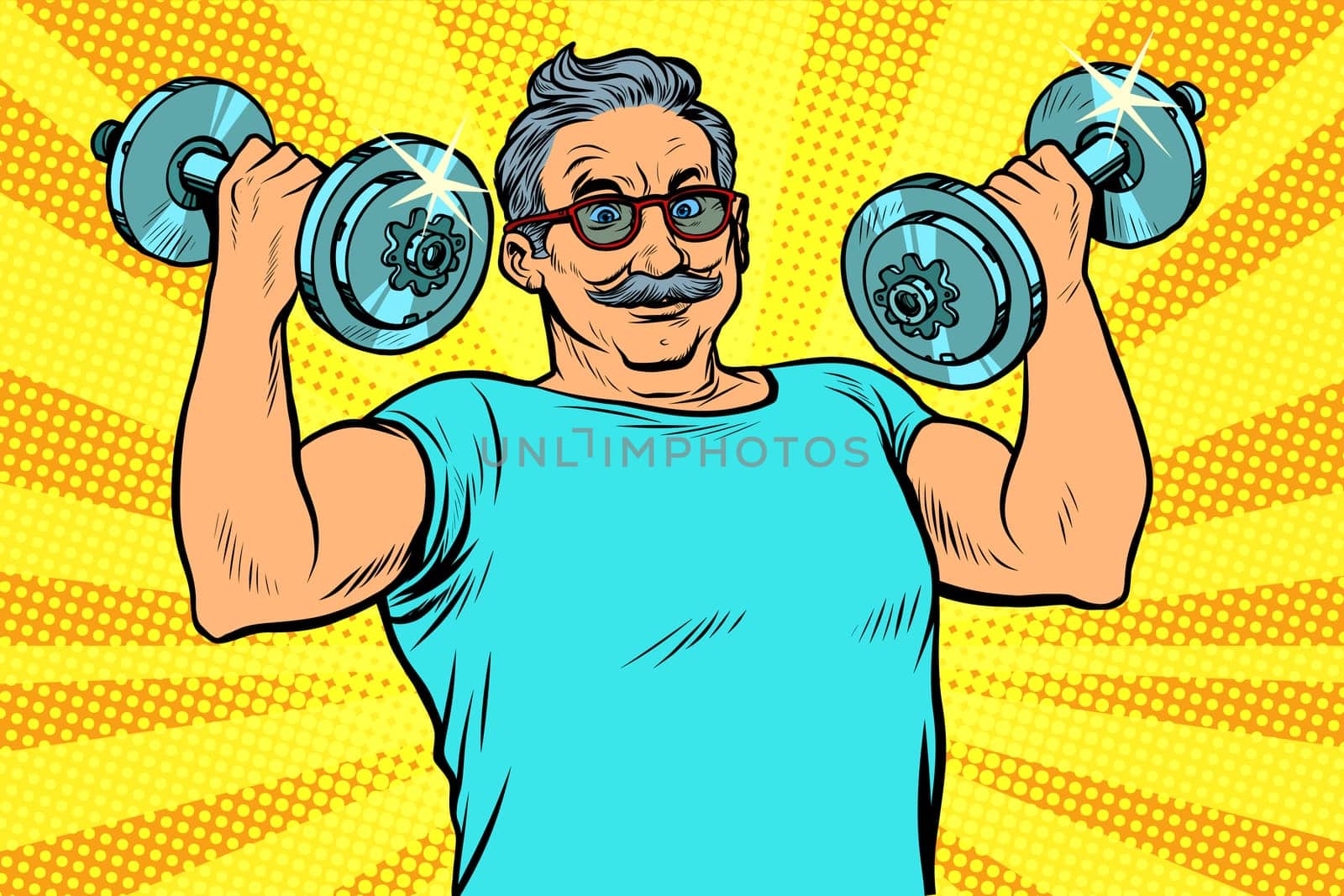 elderly man lifts dumbbells, fitness sport. Pop art retro vector illustration drawing vintage kitsch