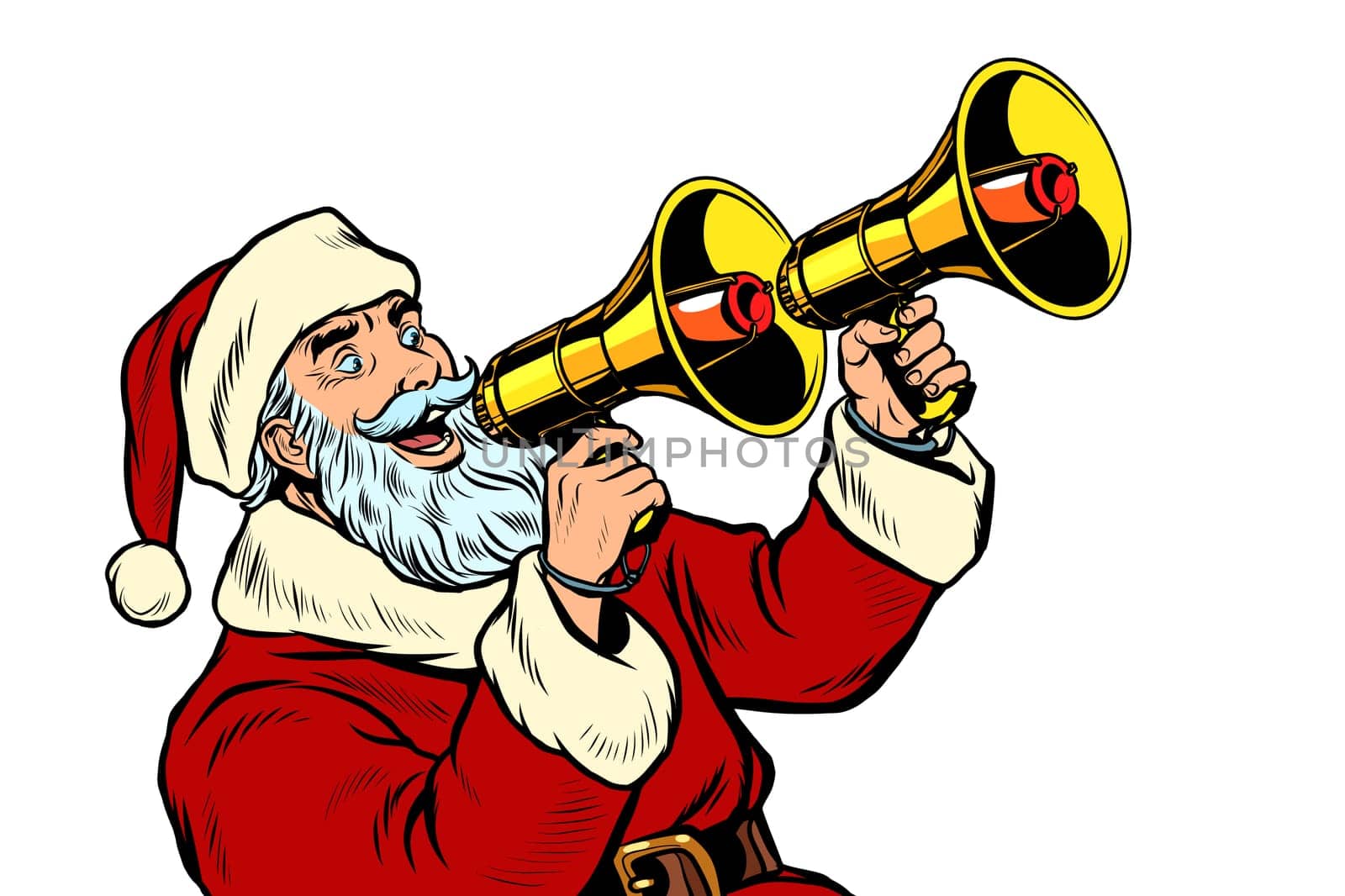 Santa Claus with a megaphone. Christmas sale. Pop art retro vector illustration kitsch vintage drawing