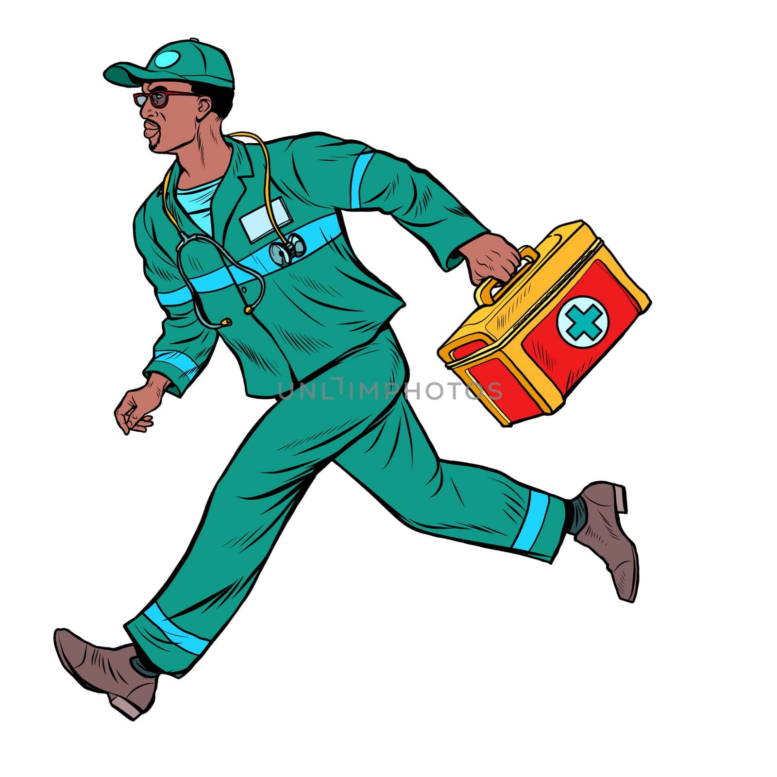 African ambulance doctor. Male medic with first aid kit. Pop art retro vector illustration vintage kitsch 50s 60s