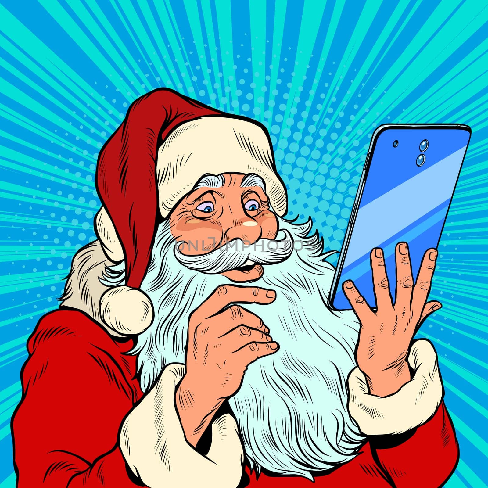 Santa Claus and a big smartphone. Electronic Christmas sales and orders in online stores. pop art retro vector illustration kitsch vintage drawing 50s 60s