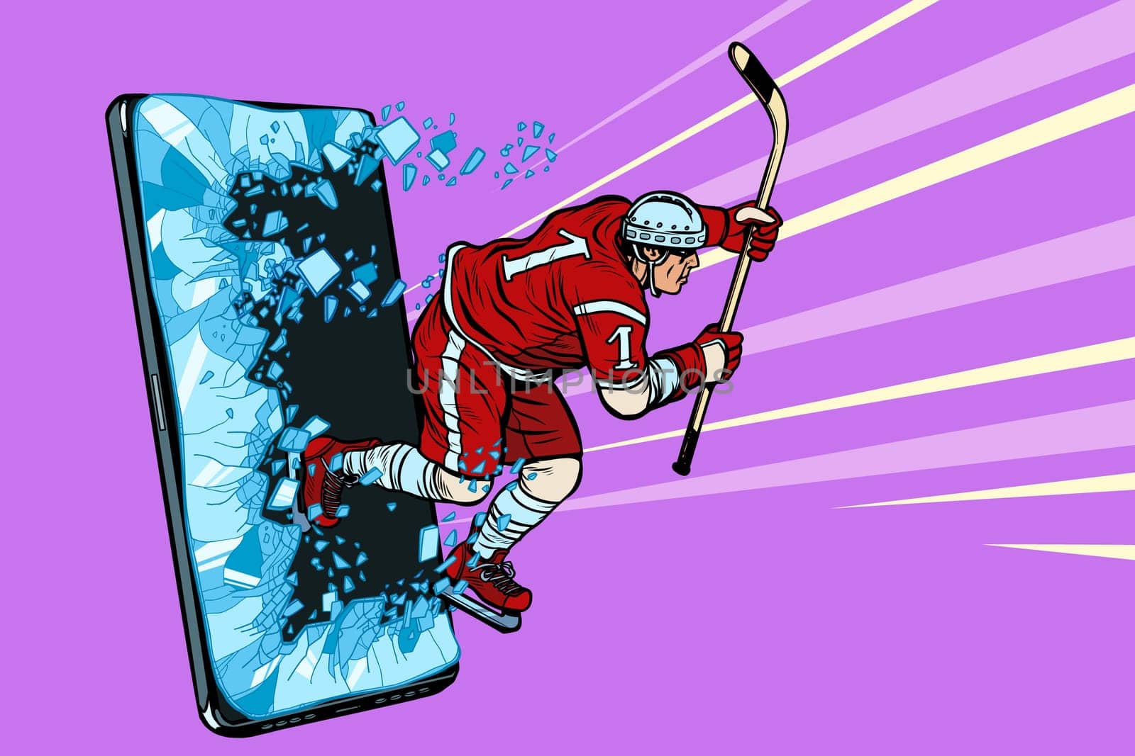 hockey player Phone gadget smartphone. Online Internet application service program. Pop art retro vector illustration drawing vintage kitsch