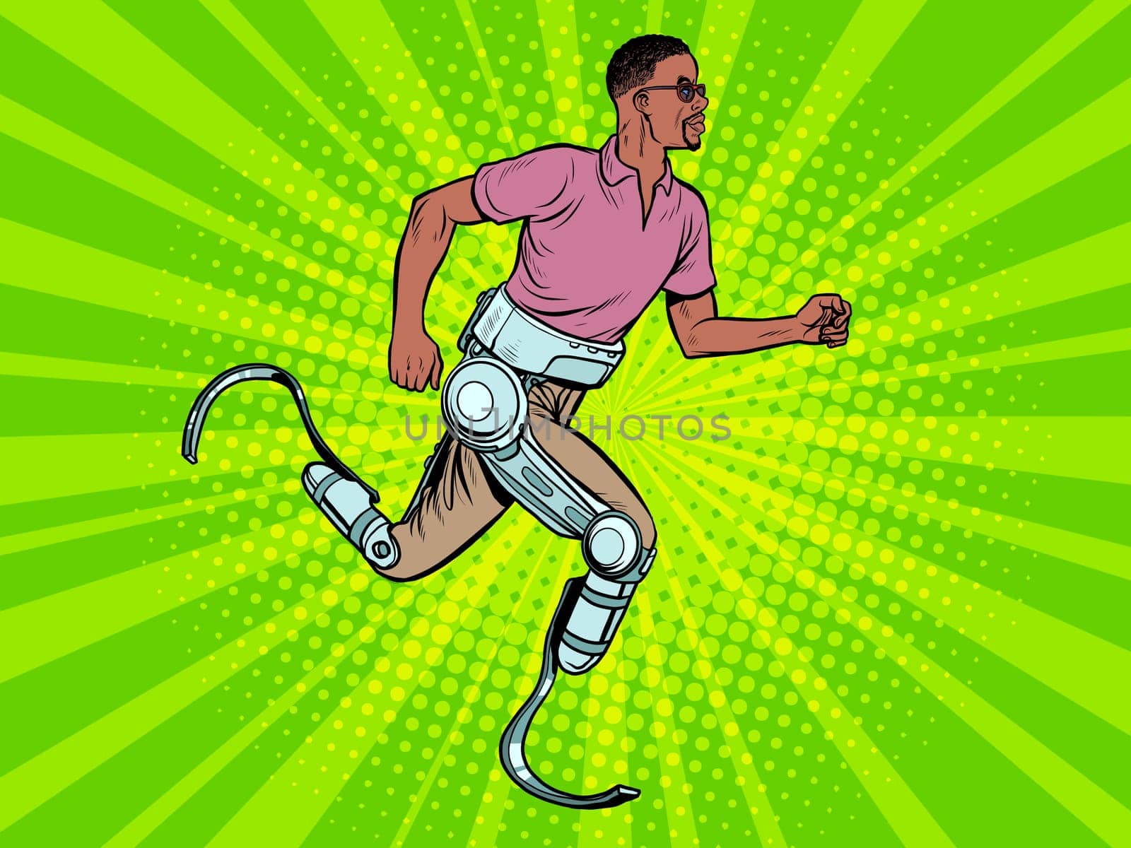 disabled african man running with legs prostheses. Pop art retro vector illustration vintage kitsch 60s 50s
