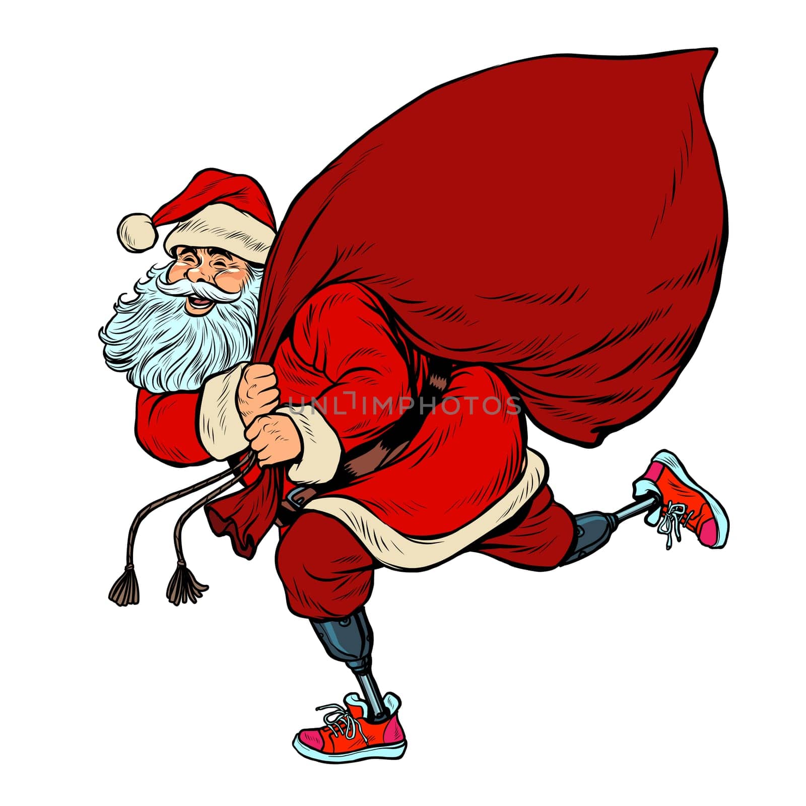 Santa Claus disabled on prostheses delivers gifts for Christmas. pop art retro vector illustration kitsch vintage drawing 50s 60s