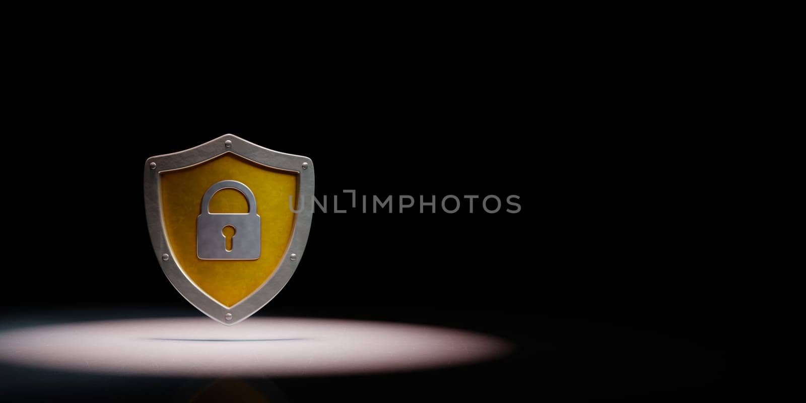 Yellow Metallic Shield Shape with Padlock Spotlighted on Black Background with Copy Space 3D Illustration