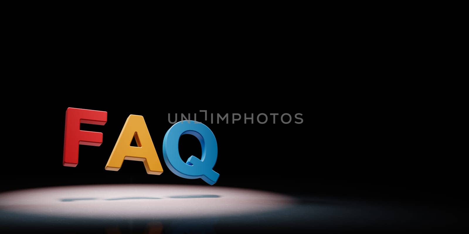 FAQ Colorful Text Spotlighted on Black Background with Copy Space 3D Illustration