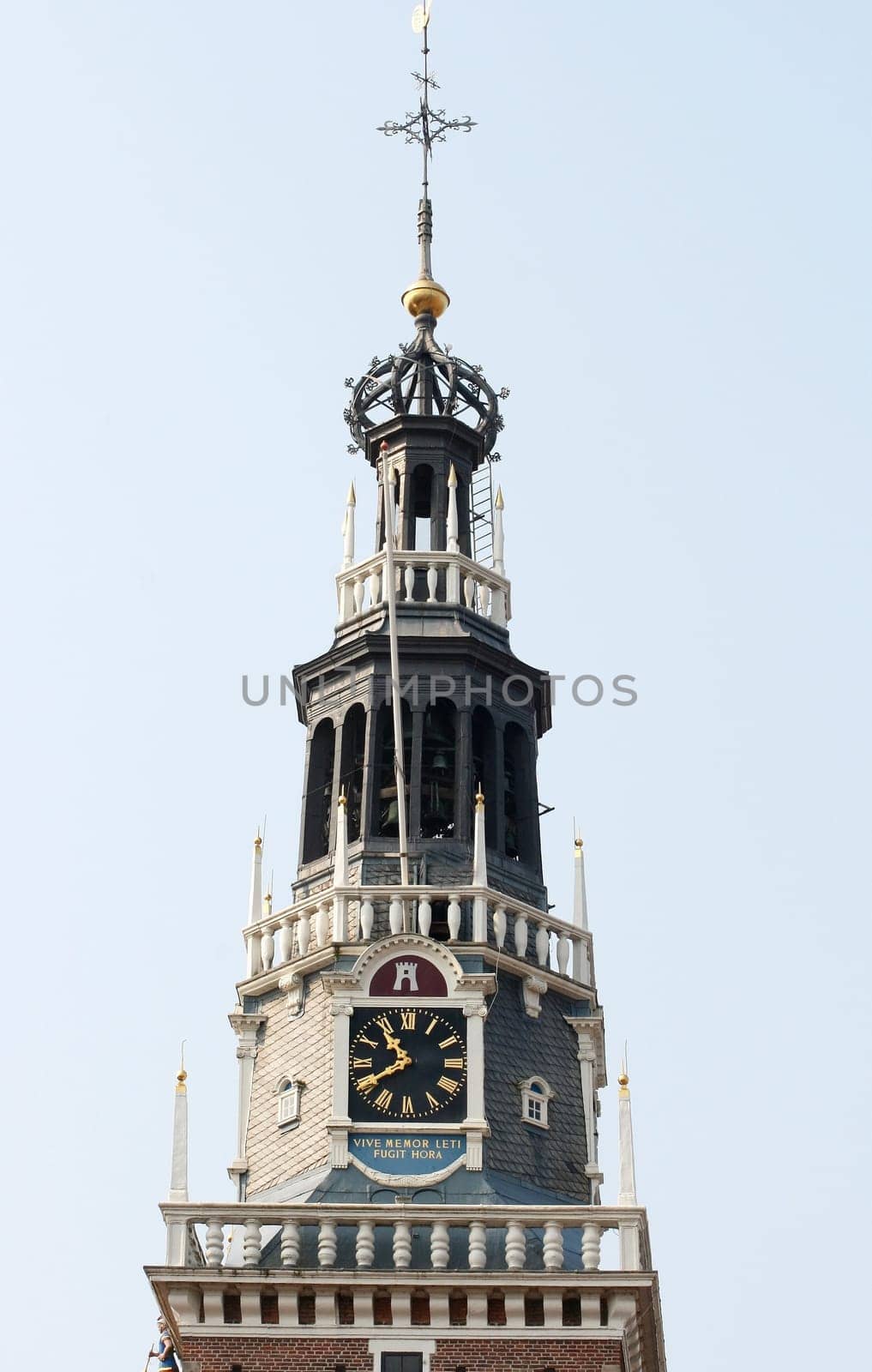 beautiful steeple, with a blue sky background