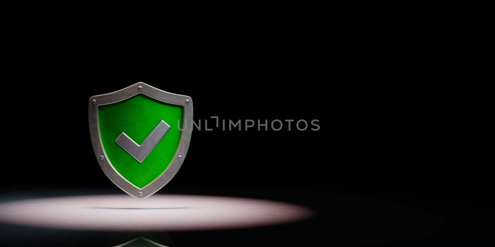 Green Metallic Shield Shape with Tick Symbol Spotlighted on Black Background with Copy Space 3D Illustration