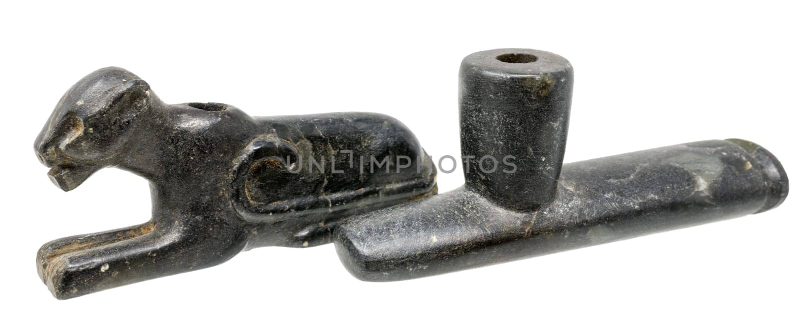 Two Pipes of the North American Indians made of dark soapstone isolated on white