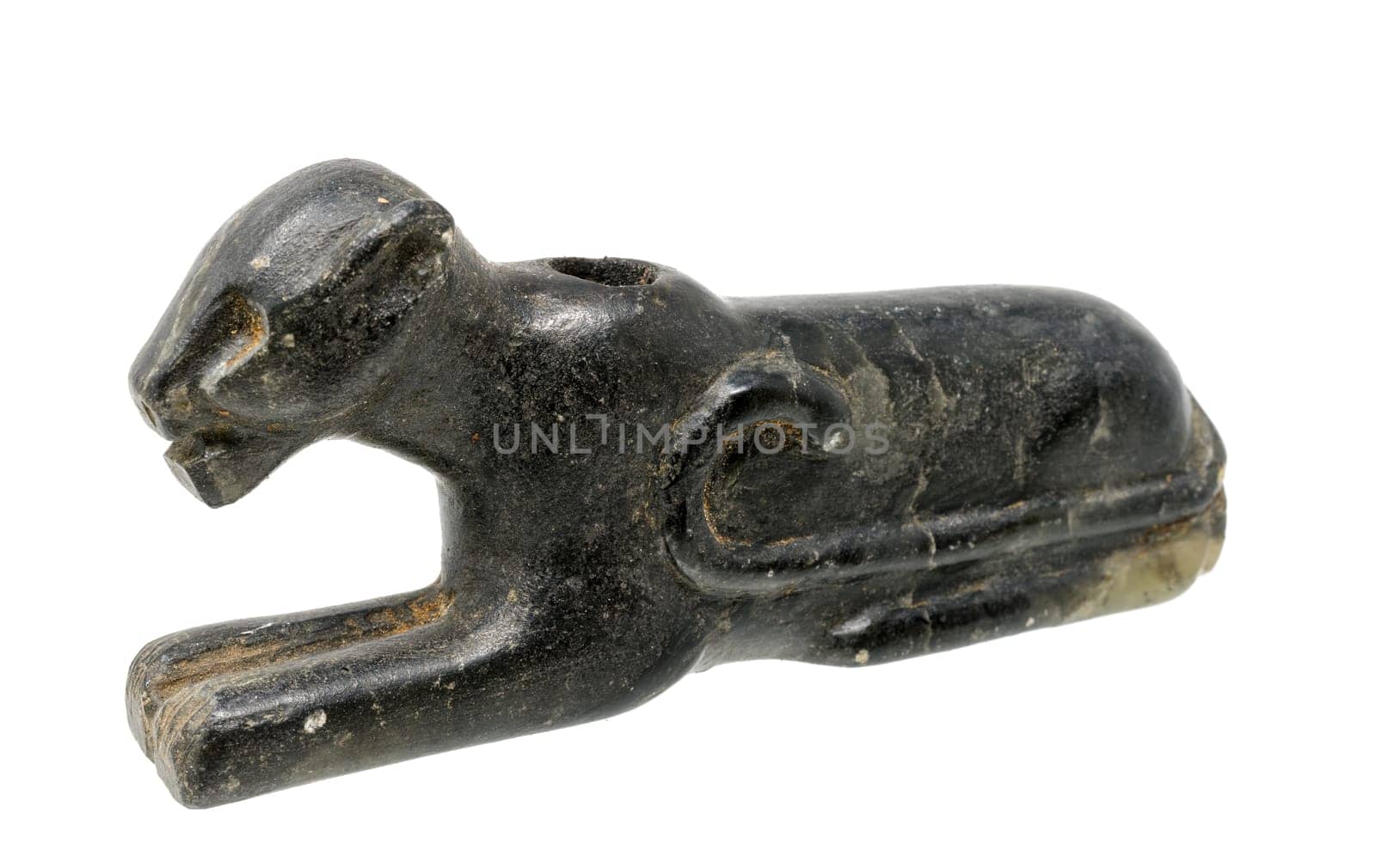 Pipe in the form of a black panther of the North American Indians made of dark soapstone isolated on white