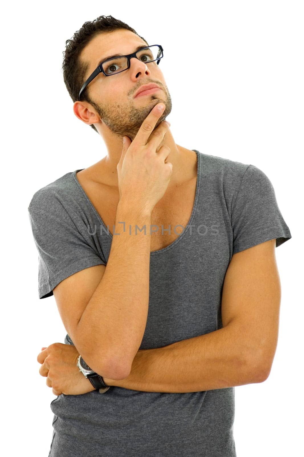 studio picture of a pensive young man, isolated on white