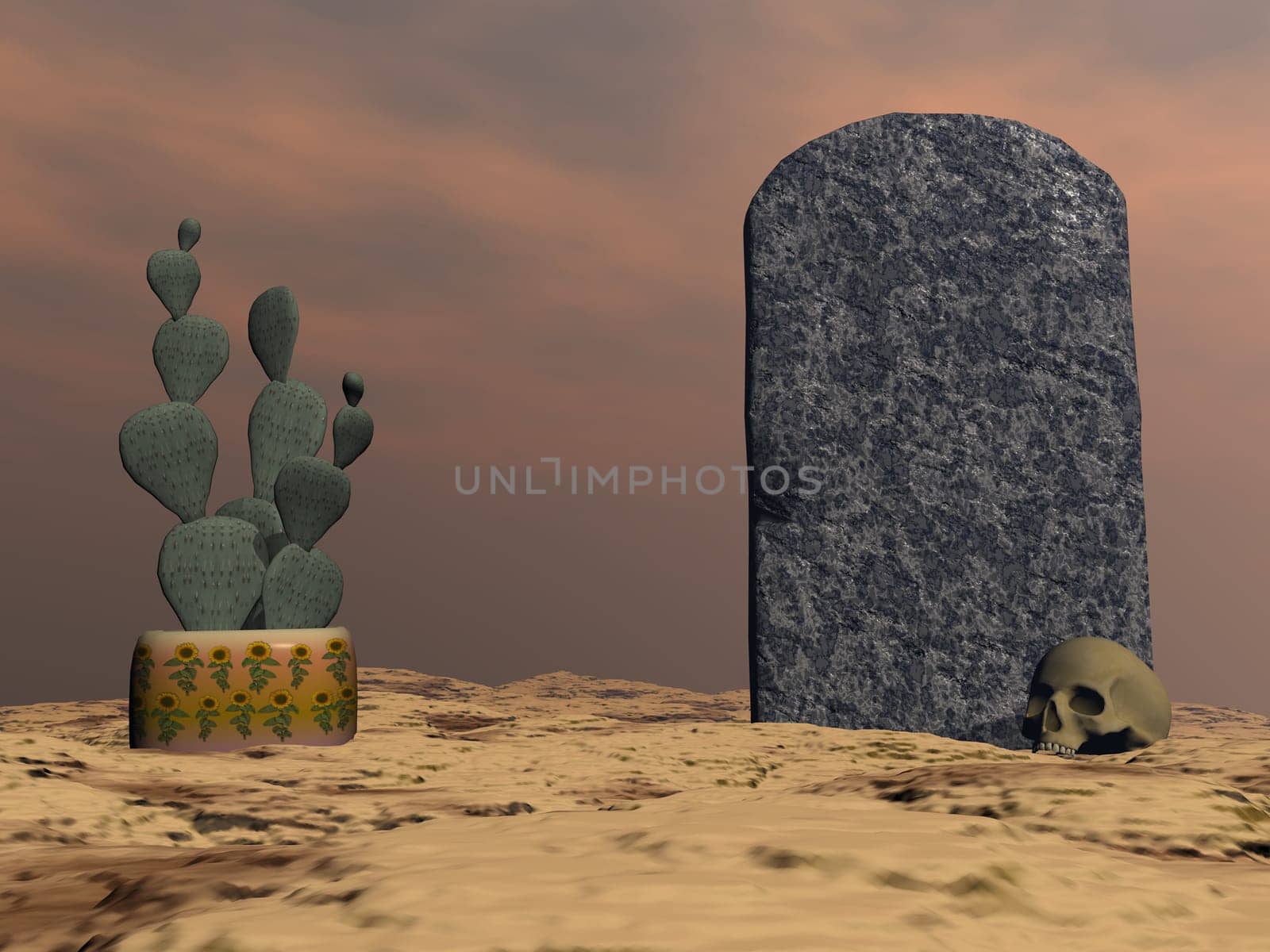 Tombstone, cactus and skull in the desert - 3D render