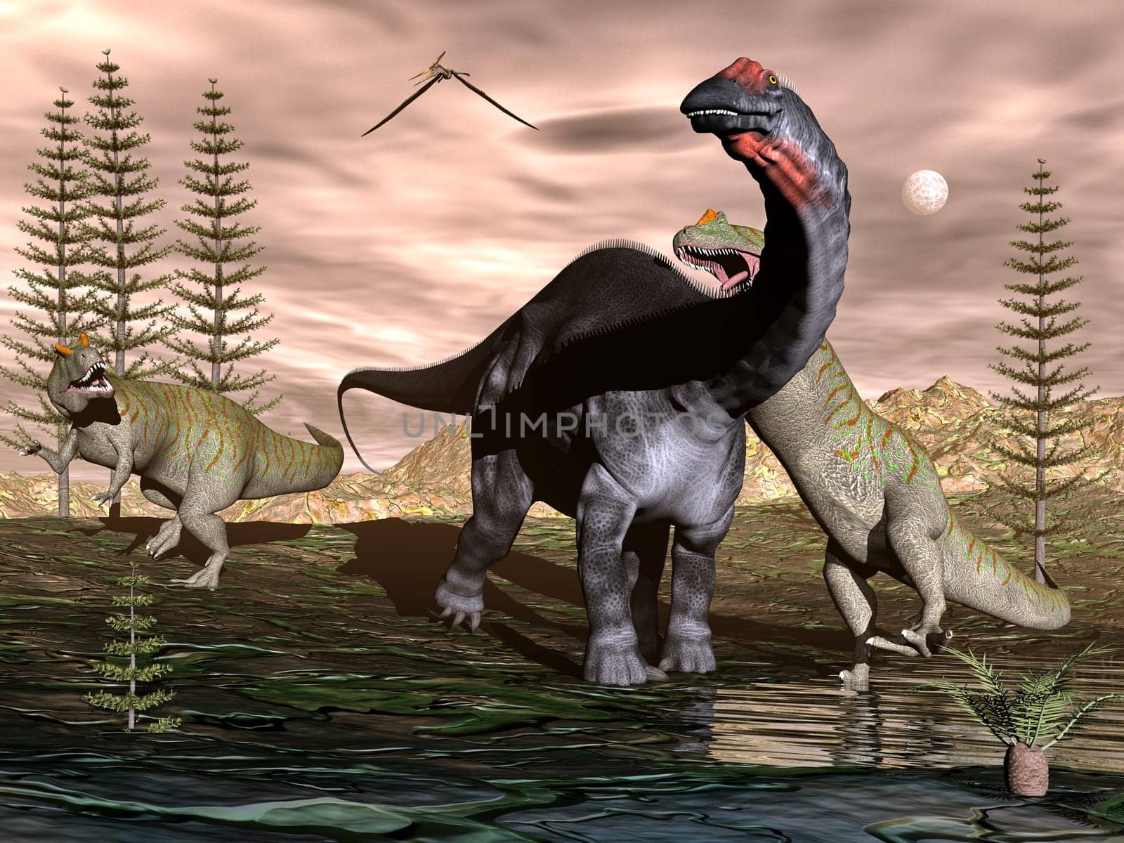 Allosaurus attacking apatosaurus dinosaur among calamite trees and cycas plants - 3D render