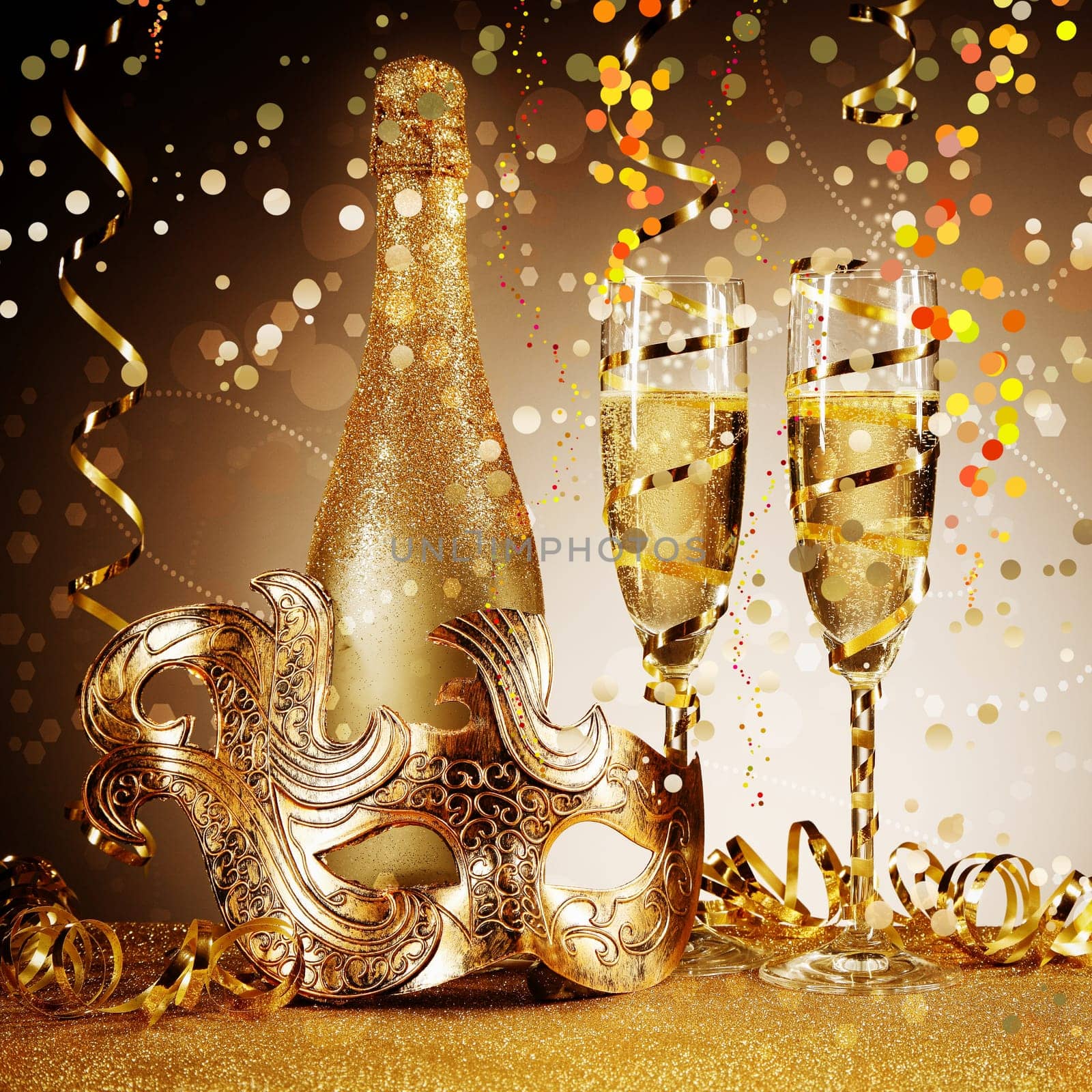 Close up Elegant Golden Party Mask with Champagne Bottle and Glass, Placed on Glittery Table with Streamers. Emphasizing Festival Decoration Effect on Gradient Brown Background.