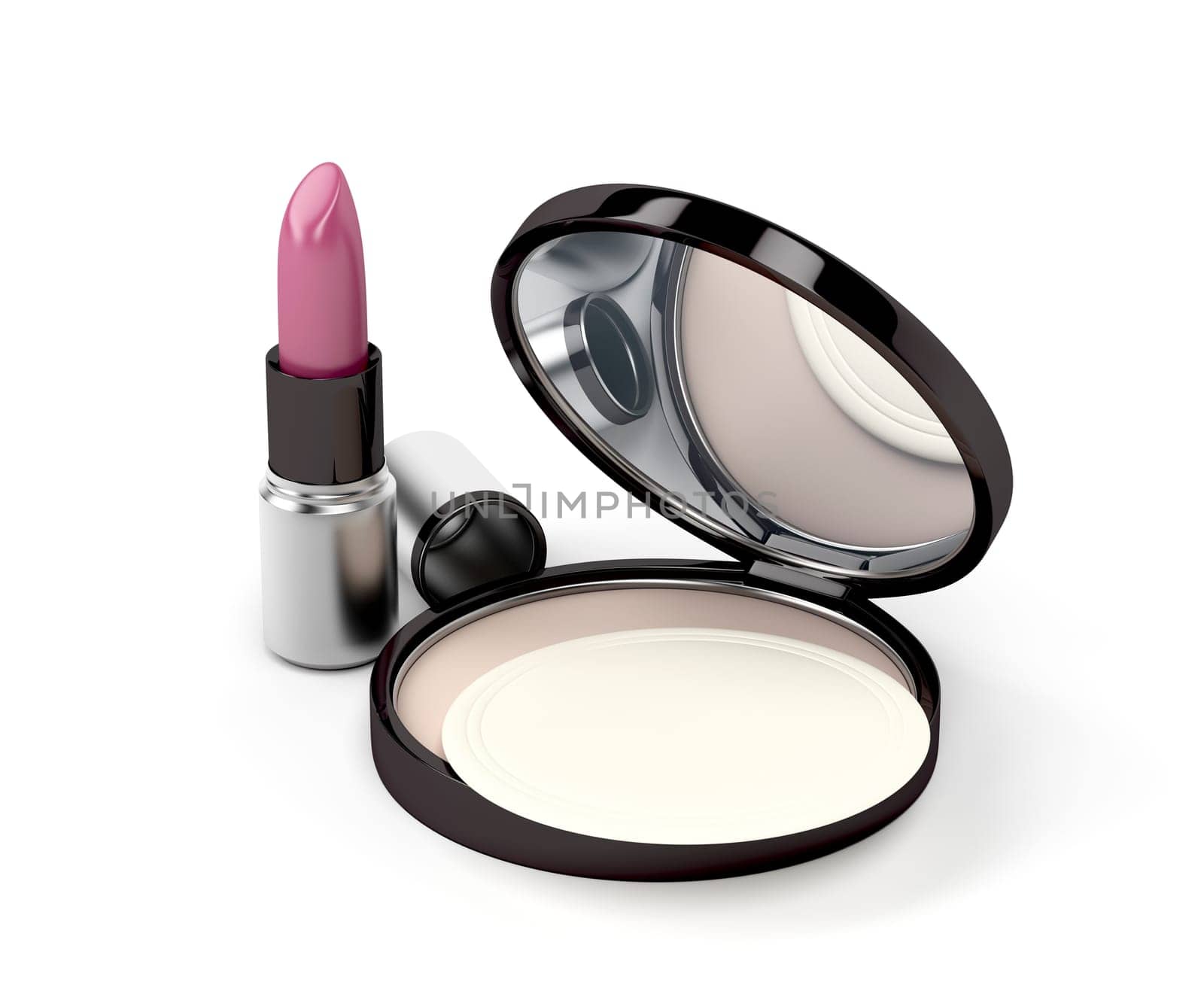 Compact powder, powder puff and purple lipstick