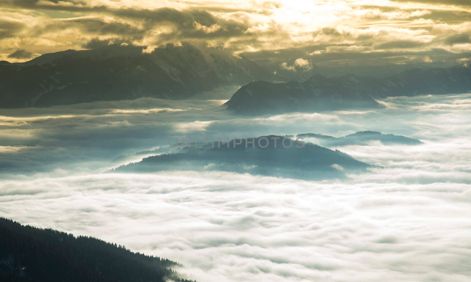 Mountains, winter landscape, Sunset background