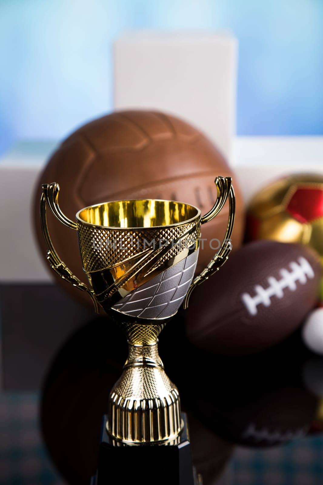 Winning trophy championship award, sport stadium background
